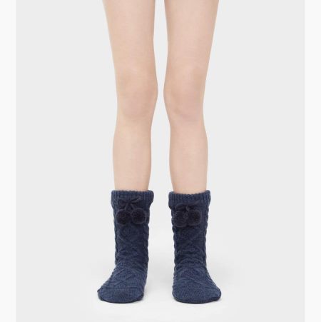 UGG Pom Pom Fleece Lined Crew Navy Socks for Women (NQWM51409)